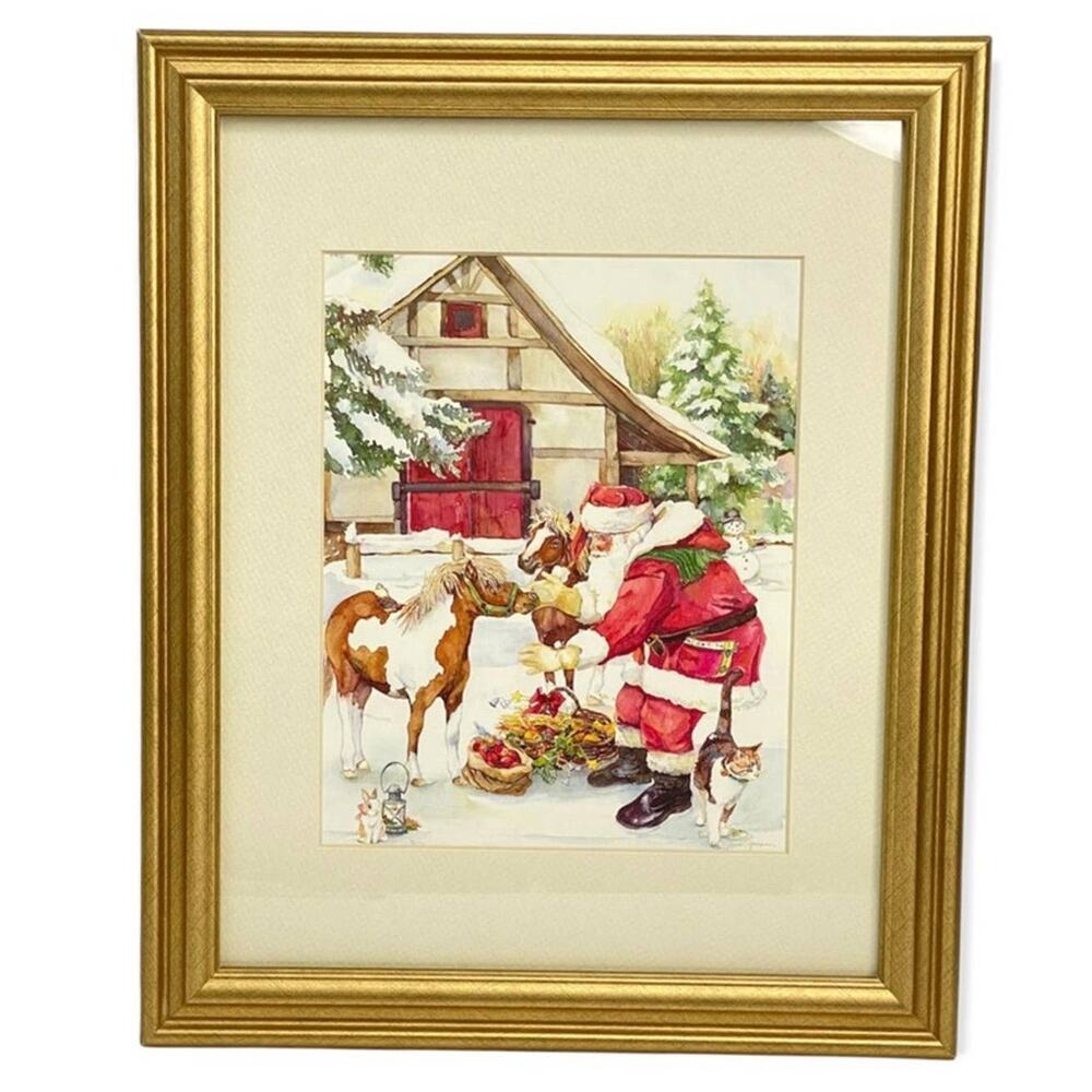 Jodi Jenson Watertpainting Art Christmas Santa Gold Wooden Frame in Glass